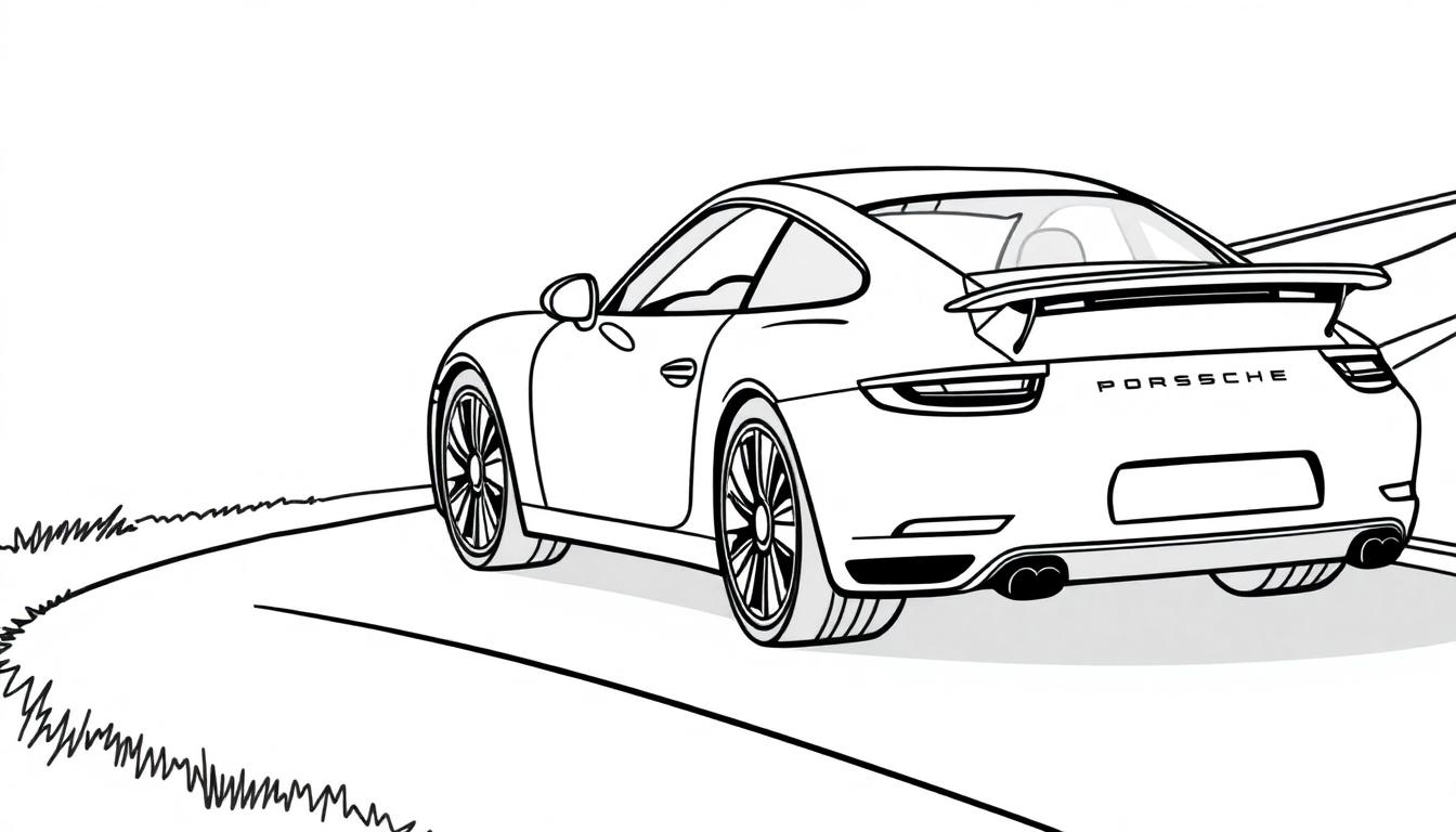 Schwarz-weiße Zeichnung eines Porsche 911 mit einer Farbtafel, der elegant über eine kurvige Straße fährt.