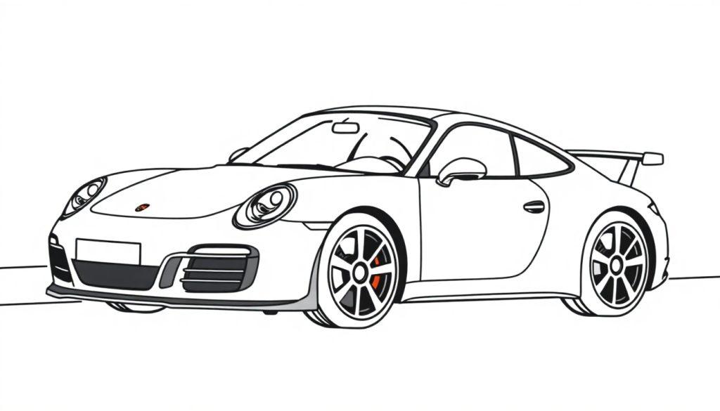 Eine stilisierte Zeichnung eines Porsche 911 mit aerodynamischer Form, klaren Linien, großen Felgen und einem Heckspoiler vor einem weißen Hintergrund. Farbtafel-Optik schafft eine minimalistische Wirkung.