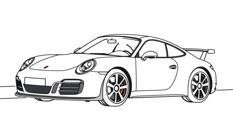 Eine stilisierte Zeichnung eines Porsche 911 mit aerodynamischer Form, klaren Linien, großen Felgen und einem Heckspoiler vor einem weißen Hintergrund. Farbtafel-Optik schafft eine minimalistische Wirkung.