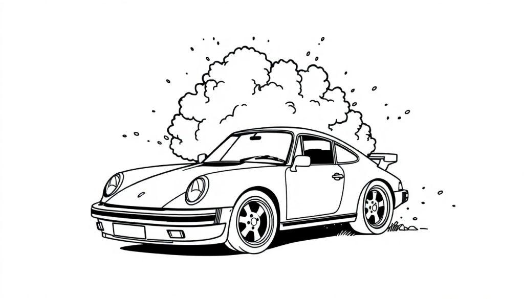 Eine humorvolle schwarz-weiße Illustration eines Porsche 911, der einen Baum getroffen hat und von einer Farbtafel Staub- und Rauchwolken umgeben ist.