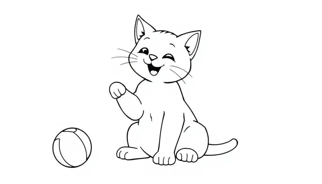 Farbtafel einer cartoonhaften Katze, die fröhlich winkt und neben einem Ball liegt.