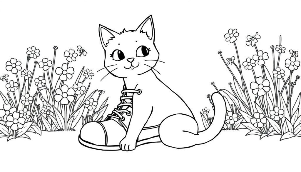 Farbtafel einer niedlichen Katze, die auf einem großen Schuh sitzt, umgeben von Blumen und Gräsern, bereit zum Ausmalen.
