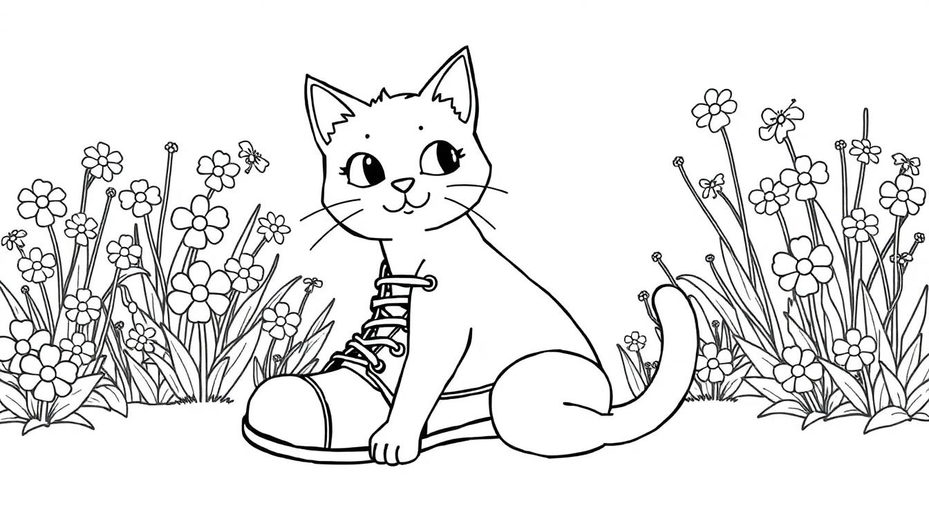Farbtafel einer niedlichen Katze, die auf einem großen Schuh sitzt, umgeben von Blumen und Gräsern, bereit zum Ausmalen.