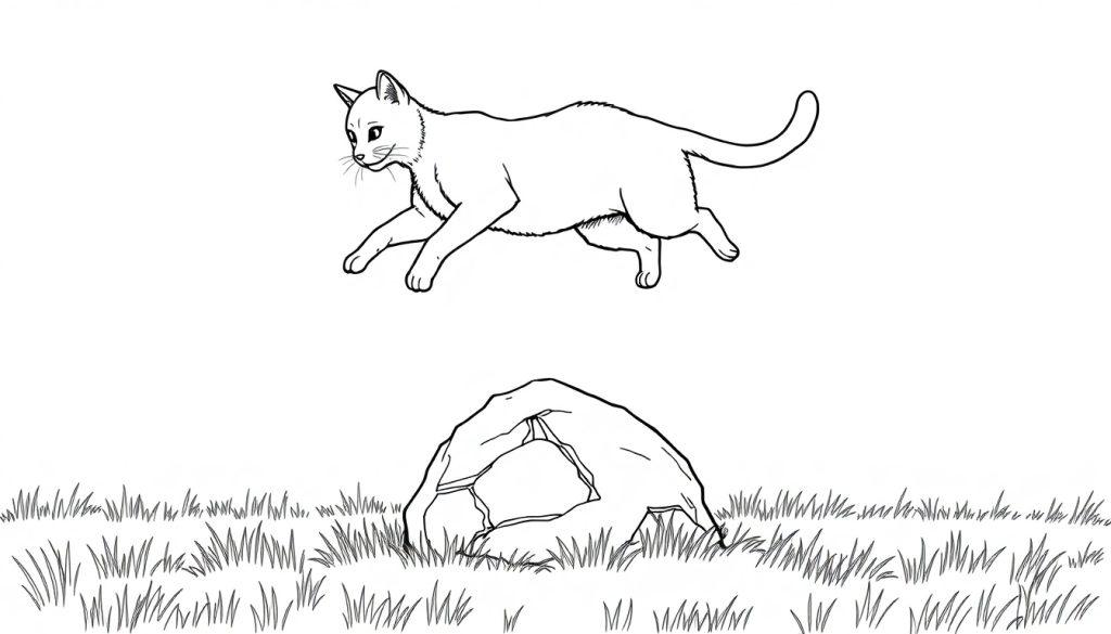 Eine detaillierte Farbtafel-Strichzeichnung zeigt eine Katze, die über einen Felsen in einer Graslandschaft springt, mit schlichtem Hintergrund.