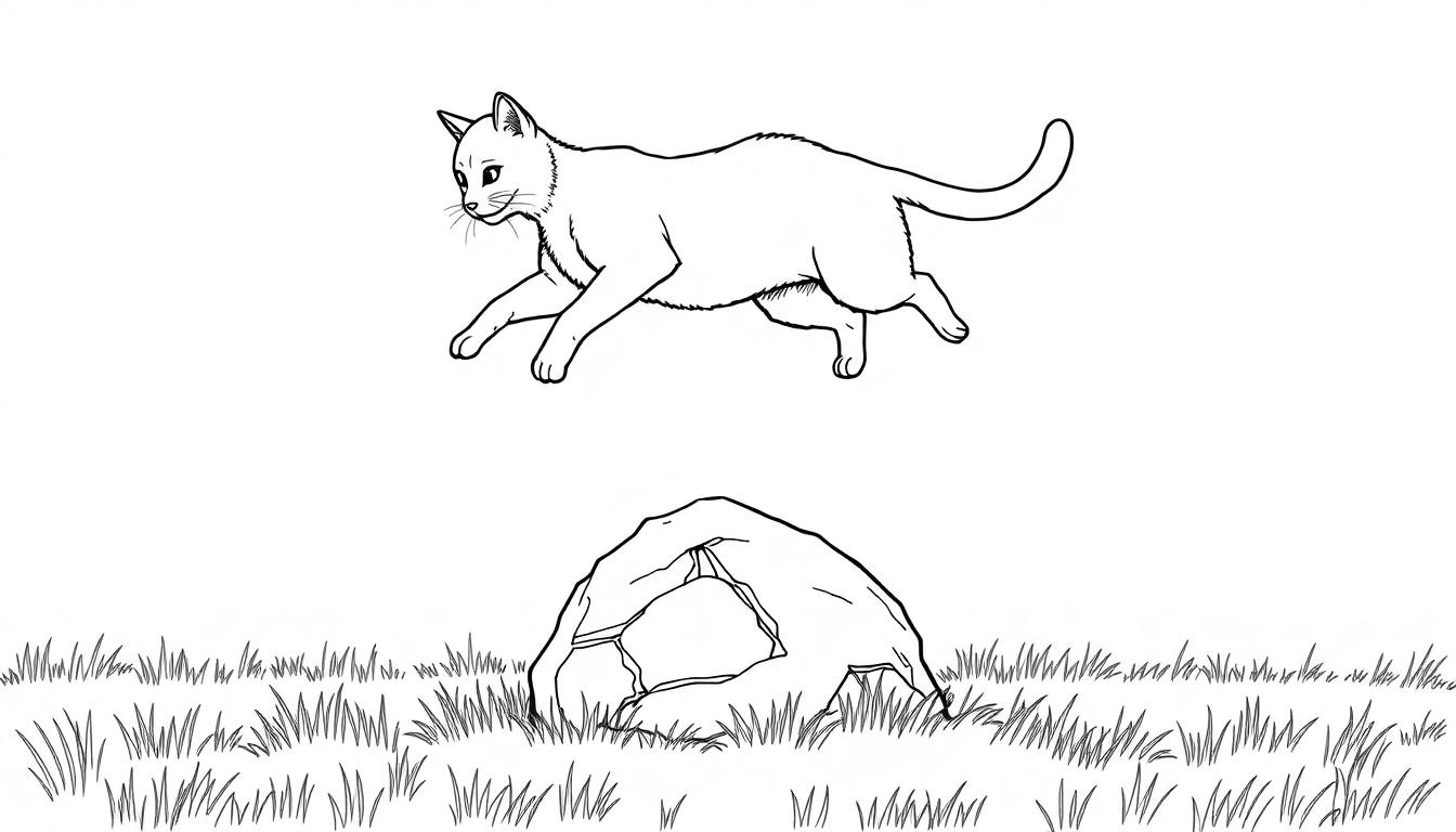 Eine detaillierte Farbtafel-Strichzeichnung zeigt eine Katze, die über einen Felsen in einer Graslandschaft springt, mit schlichtem Hintergrund.