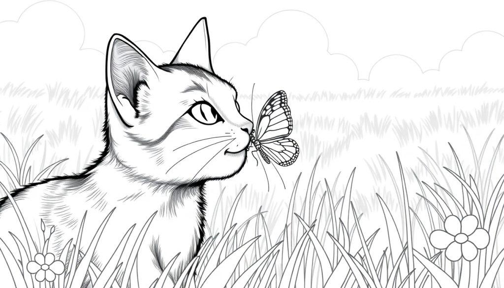 Farbtafel-Zeichnung einer Katze, die in einer Wiese sitzt und einen Schmetterling beobachtet, der sanft auf ihrer Nase landet, umgeben von Blumen, Gras und einem Himmel mit Wolken.