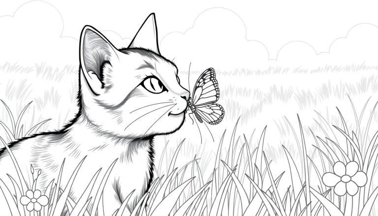Farbtafel-Zeichnung einer Katze, die in einer Wiese sitzt und einen Schmetterling beobachtet, der sanft auf ihrer Nase landet, umgeben von Blumen, Gras und einem Himmel mit Wolken.