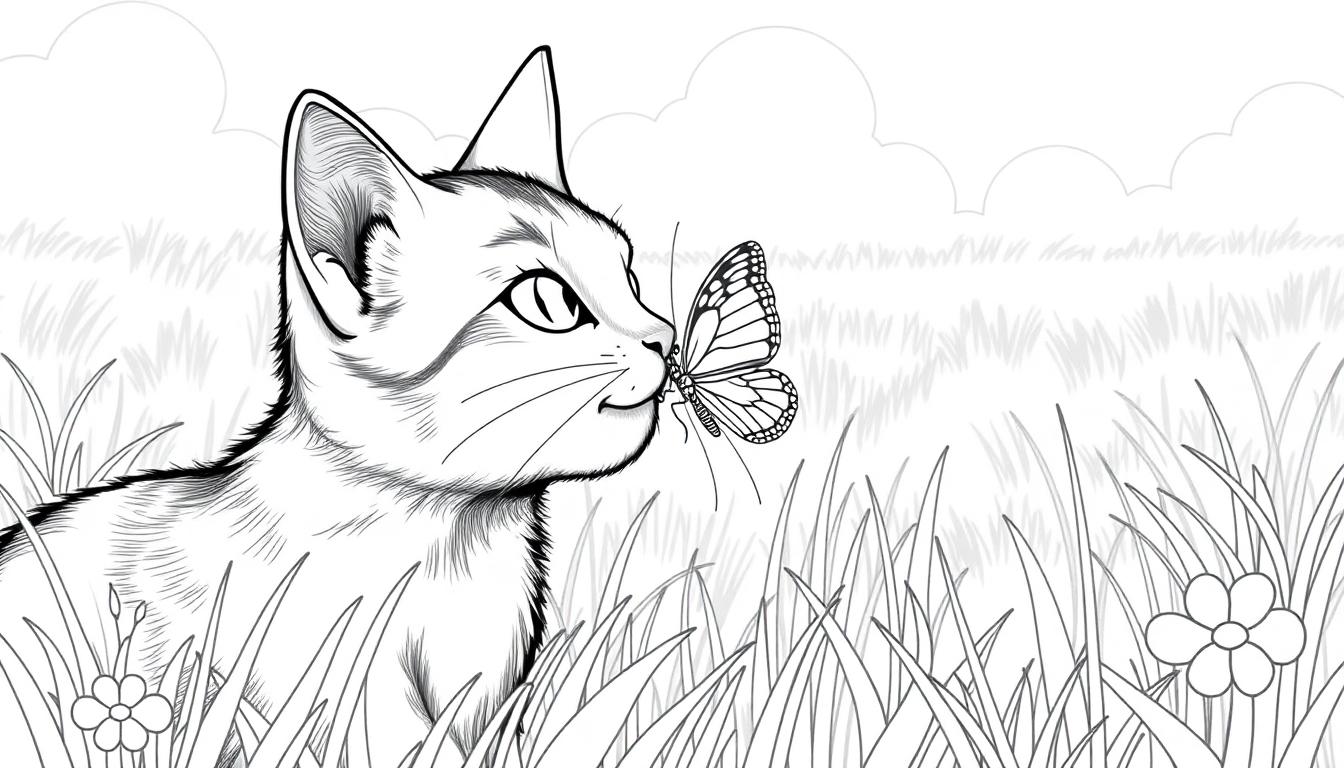 Farbtafel-Zeichnung einer Katze, die in einer Wiese sitzt und einen Schmetterling beobachtet, der sanft auf ihrer Nase landet, umgeben von Blumen, Gras und einem Himmel mit Wolken.