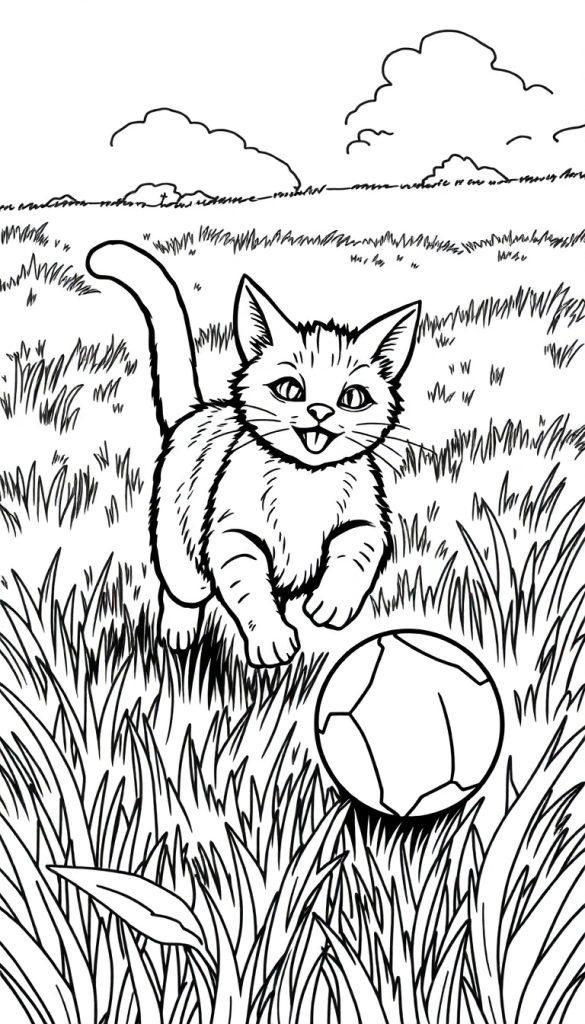 Farbtafel-Zeichnung einer fröhlichen Katze, die im Gras läuft und auf einen Ball zu sprintet, mit Wolken am Himmel im Hintergrund.