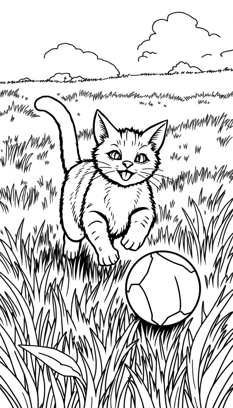 Farbtafel-Zeichnung einer fröhlichen Katze, die im Gras läuft und auf einen Ball zu sprintet, mit Wolken am Himmel im Hintergrund.