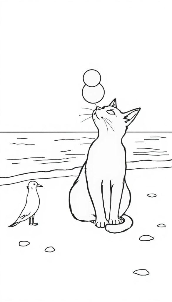 Farbtafel mit einer skizzierten Szene von einer Katze, die aufmerksam in den Himmel schaut, neben einem Vogel am Strand, mit ruhigem Meer im Hintergrund und kleinen Steinchen auf dem Boden.