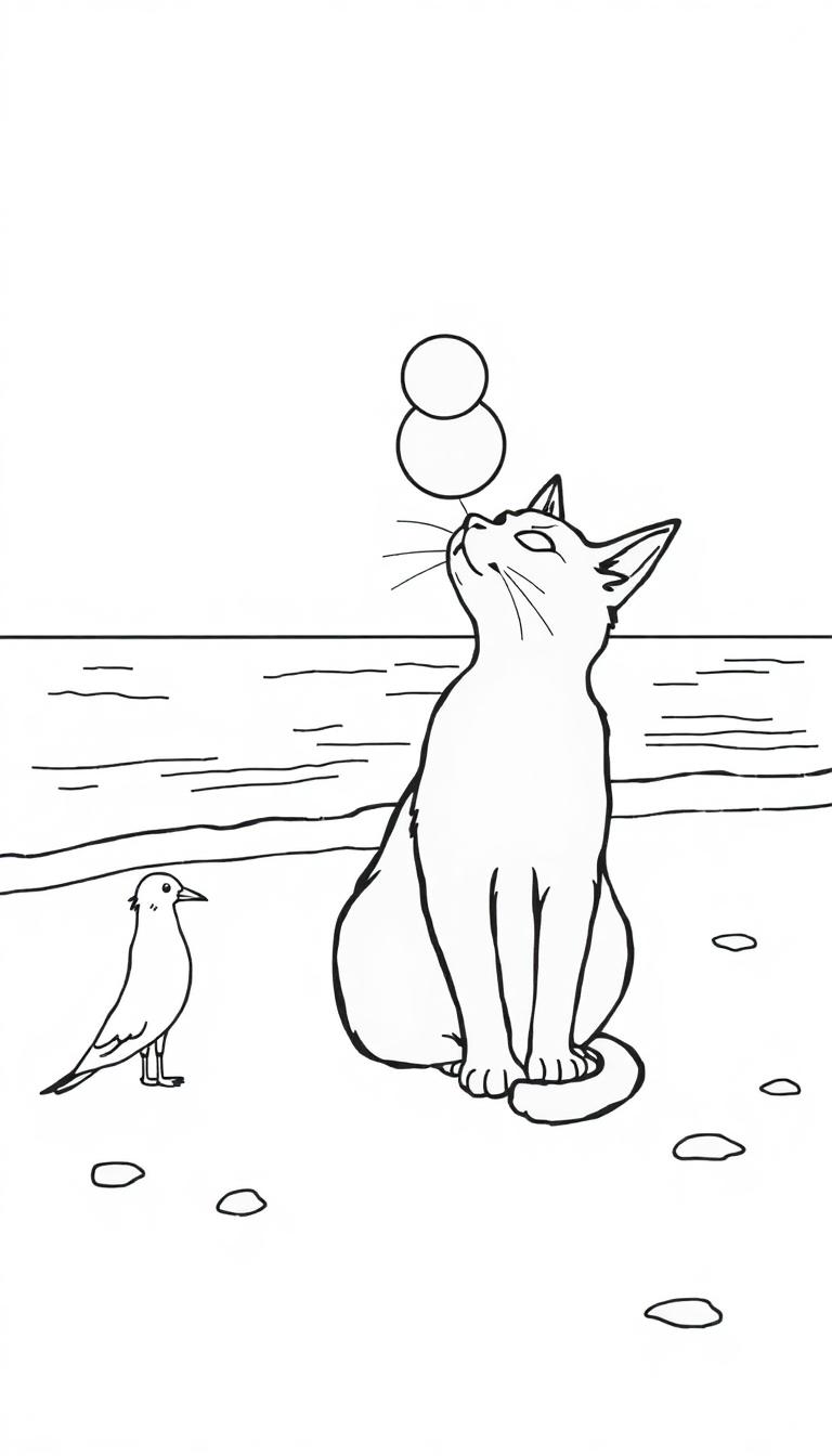 Farbtafel mit einer skizzierten Szene von einer Katze, die aufmerksam in den Himmel schaut, neben einem Vogel am Strand, mit ruhigem Meer im Hintergrund und kleinen Steinchen auf dem Boden.