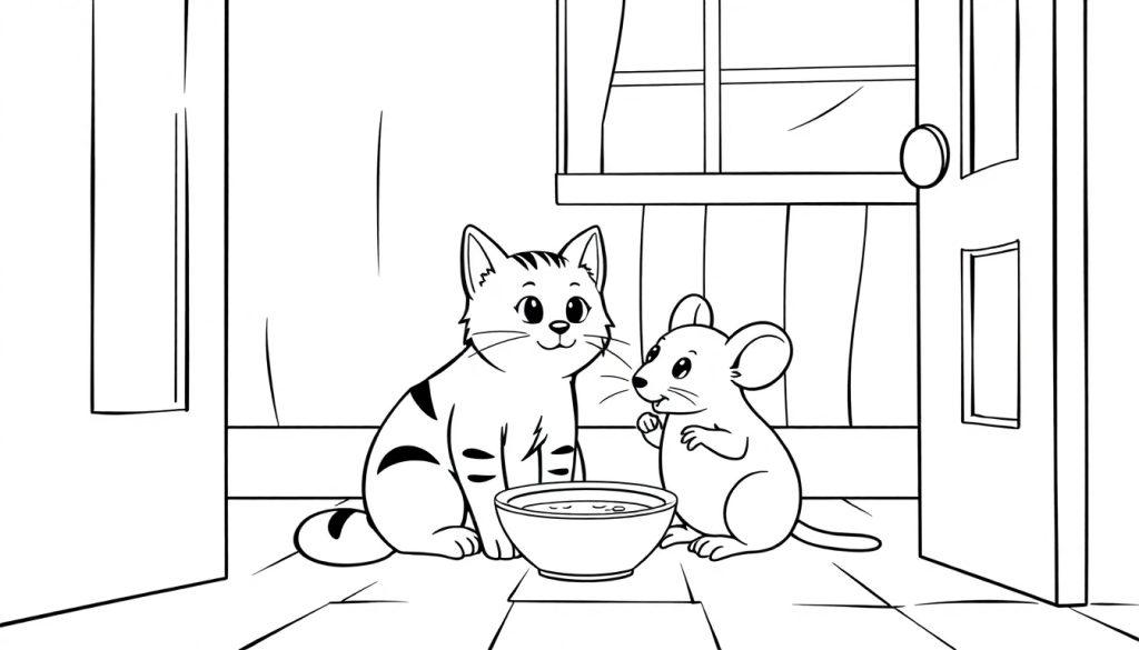 Farbtafel mit einer Katze und einer Maus, die friedlich nebeneinander sitzen, vor einer Schüssel mit Flüssigkeit, im Hintergrund ein Fenster und eine Tür.