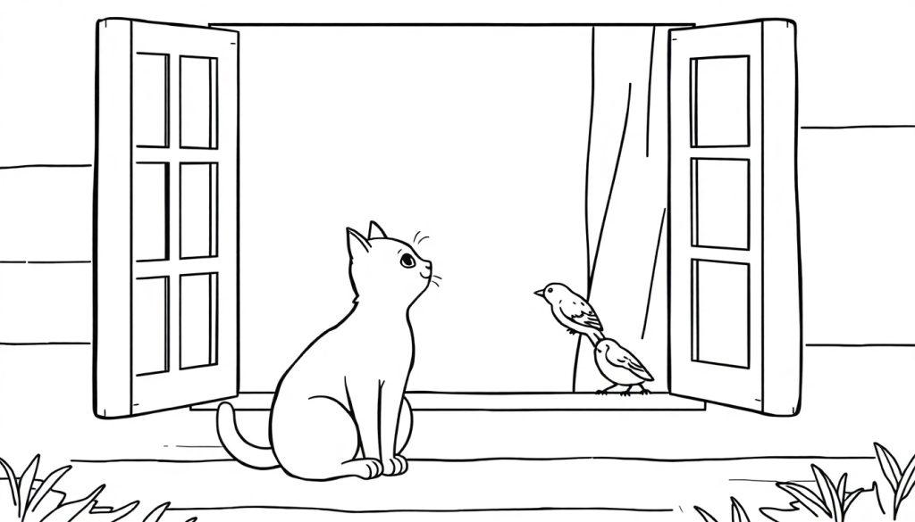 Farbtafel mit einer schwarzen Katze, die vor einem offenen Fenster sitzt und nach oben schaut, während zwei Vögel auf dem Fensterbrett sitzen und in Richtung der Katze schauen. Vorhang und Gras sind im Bild zu sehen, draußen ist die Szene ruhig und friedlich.