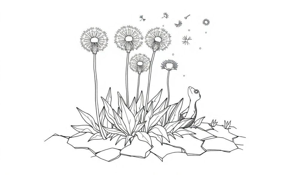 Farbtafel mit schwarzen Linien zeigt Löwenzahnblüten, die in einer Wiese wachsen, mit fliegenden Samen und einer kleinen Eidechse, die nach oben blickt.
