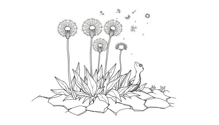 Farbtafel mit schwarzen Linien zeigt Löwenzahnblüten, die in einer Wiese wachsen, mit fliegenden Samen und einer kleinen Eidechse, die nach oben blickt.