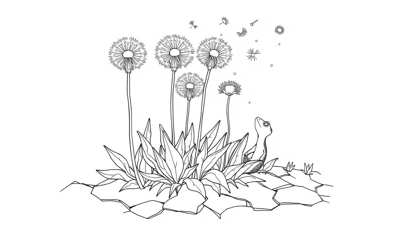 Farbtafel mit schwarzen Linien zeigt Löwenzahnblüten, die in einer Wiese wachsen, mit fliegenden Samen und einer kleinen Eidechse, die nach oben blickt.