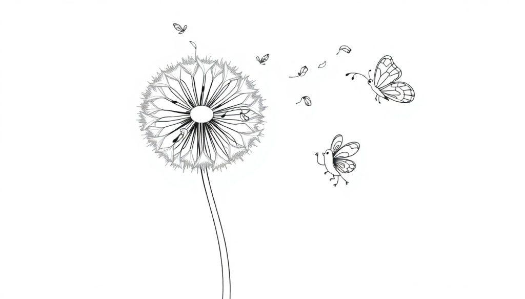 Farbtafel einer stilisierten Pusteblume, die in Samen zerfällt, mit fliegenden Schmetterlingen und elegant durch die Luft schwebenden Samen und Blütenblättern.