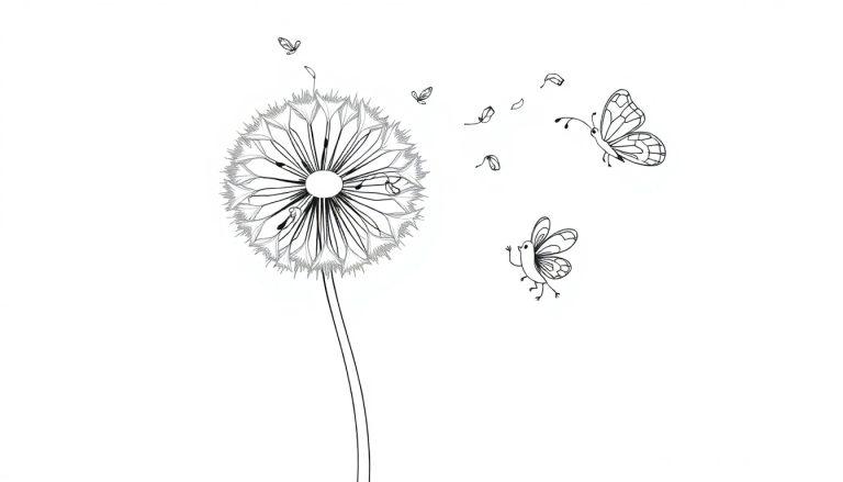 Farbtafel einer stilisierten Pusteblume, die in Samen zerfällt, mit fliegenden Schmetterlingen und elegant durch die Luft schwebenden Samen und Blütenblättern.