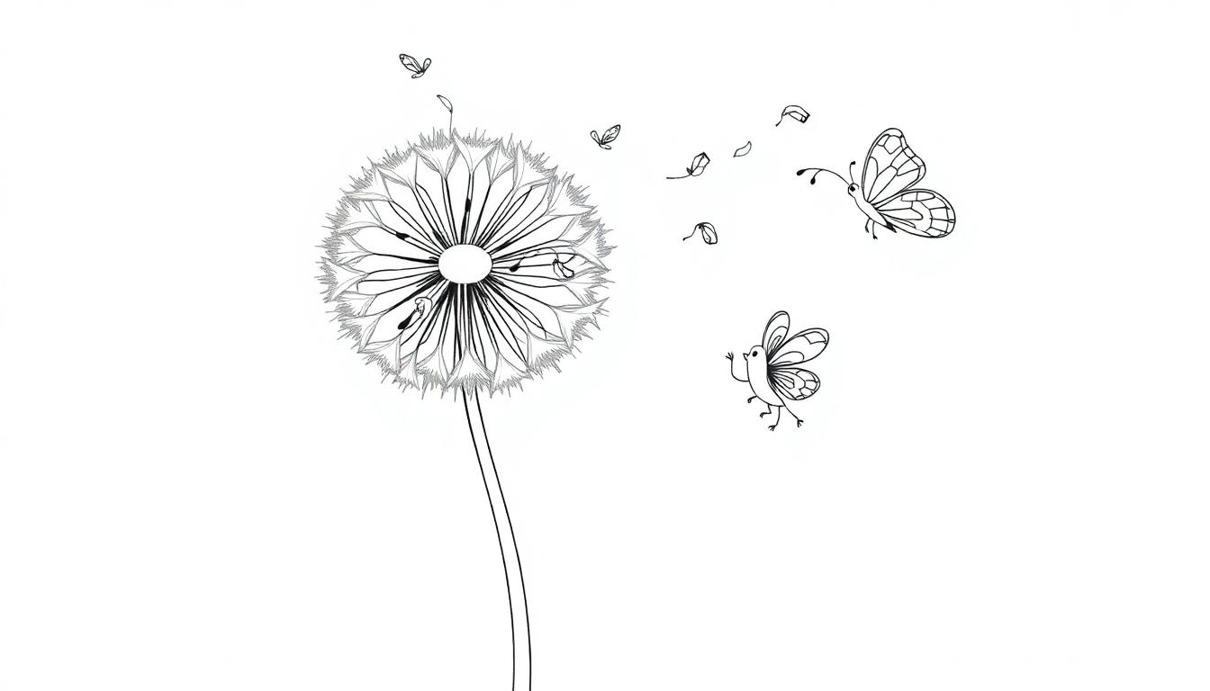 Farbtafel einer stilisierten Pusteblume, die in Samen zerfällt, mit fliegenden Schmetterlingen und elegant durch die Luft schwebenden Samen und Blütenblättern.