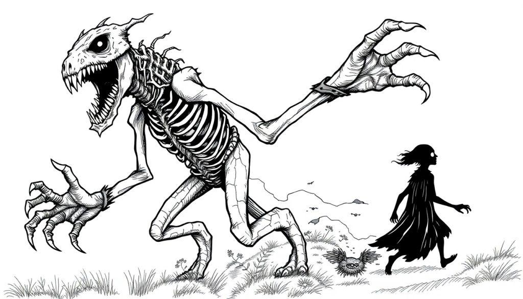 Farbtafel: Eine schwarze und weiße Zeichnung zeigt ein Monster mit Knochenkörper auf der linken Seite und eine ruhige Person im Umhang auf der rechten Seite, umgeben von Gräsern, Büschen und Bergen. Unten rechts ist eine bizarr-stachelige Kreatur zu sehen, alles in einer unheimlichen, aber fantasievollen Szene.