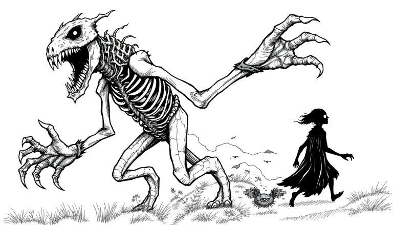 Farbtafel: Eine schwarze und weiße Zeichnung zeigt ein Monster mit Knochenkörper auf der linken Seite und eine ruhige Person im Umhang auf der rechten Seite, umgeben von Gräsern, Büschen und Bergen. Unten rechts ist eine bizarr-stachelige Kreatur zu sehen, alles in einer unheimlichen, aber fantasievollen Szene.