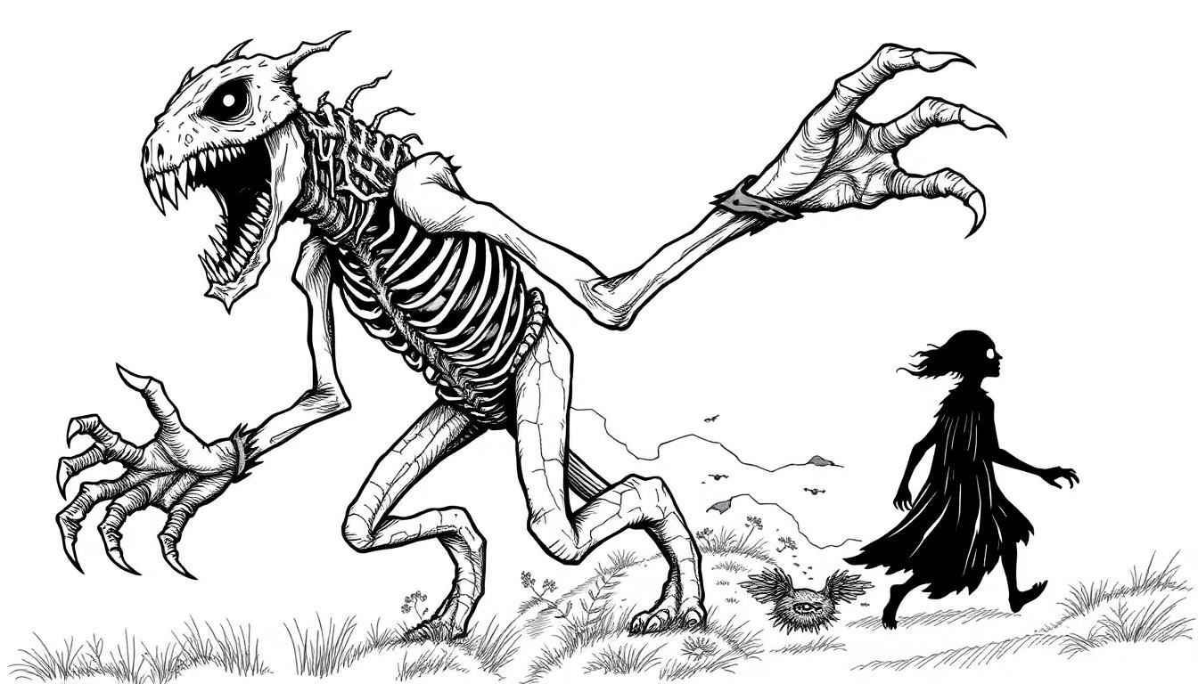 Farbtafel: Eine schwarze und weiße Zeichnung zeigt ein Monster mit Knochenkörper auf der linken Seite und eine ruhige Person im Umhang auf der rechten Seite, umgeben von Gräsern, Büschen und Bergen. Unten rechts ist eine bizarr-stachelige Kreatur zu sehen, alles in einer unheimlichen, aber fantasievollen Szene.