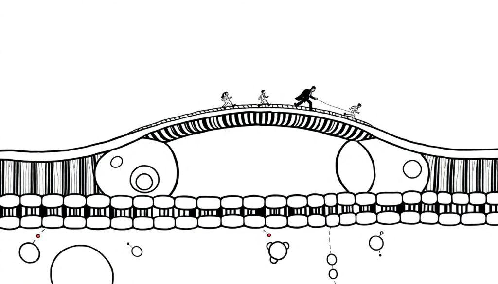 Farbtafel-Bild einer minimalistischen Brücke mit bogenförmiger Struktur, vier Figuren, die auf der Brücke gehen, und einer bunten Zellen- oder Molekül-Muster unterhalb, alles in Schwarz-Weiß, mit kleinen runden und Linien-Formen in der unteren Hälfte.