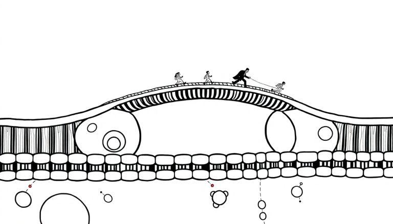 Farbtafel-Bild einer minimalistischen Brücke mit bogenförmiger Struktur, vier Figuren, die auf der Brücke gehen, und einer bunten Zellen- oder Molekül-Muster unterhalb, alles in Schwarz-Weiß, mit kleinen runden und Linien-Formen in der unteren Hälfte.