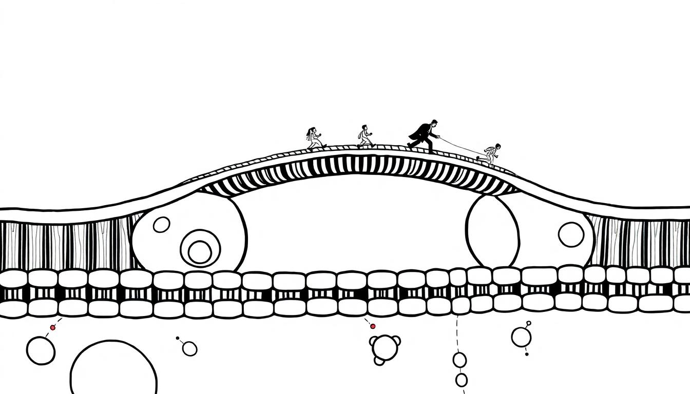 Farbtafel-Bild einer minimalistischen Brücke mit bogenförmiger Struktur, vier Figuren, die auf der Brücke gehen, und einer bunten Zellen- oder Molekül-Muster unterhalb, alles in Schwarz-Weiß, mit kleinen runden und Linien-Formen in der unteren Hälfte.