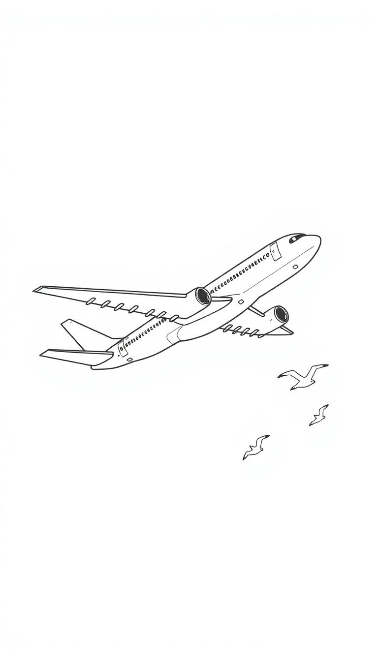Farbtafel eines schematischen Flugzeugs beim Start mit zwei Triebwerken, aufrechtem Höhenleitwerk und drei Möwen, im weißen Hintergrund.