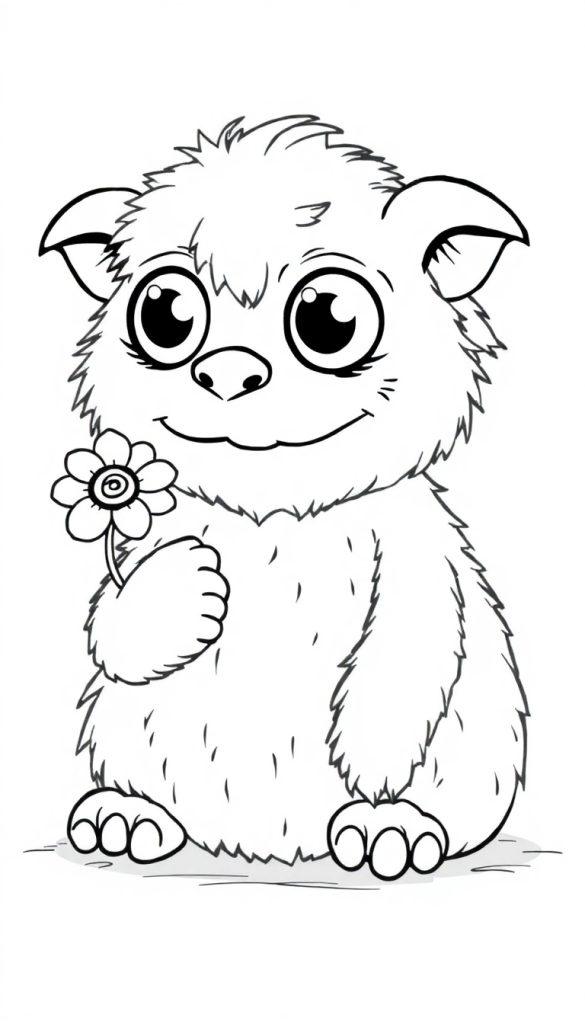 Farbtafel eines süßen, pelzigen Monsters mit Glubschaugen, das eine Blume hält.