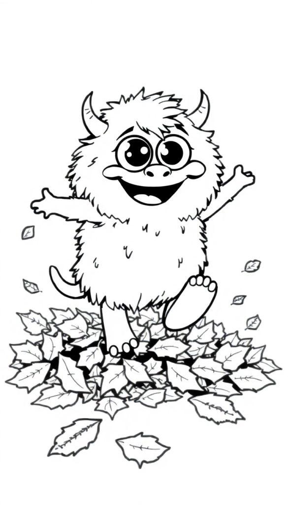 Farbtafel eines niedlichen, cartoonhaften Monsters mit Glubschaugen, das auf einem Haufen Blätter steht und um sich herum fallende Blätter sieht, alles in Schwarz-Weiß.