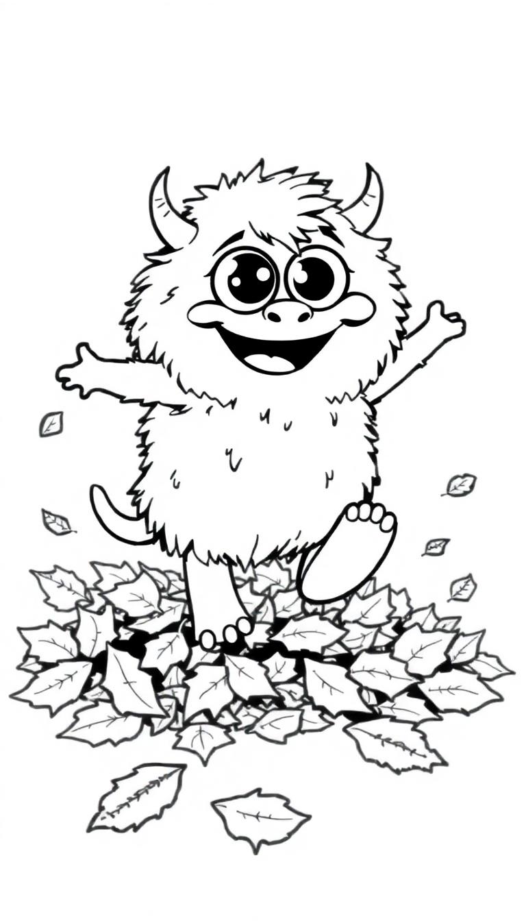 Farbtafel eines niedlichen, cartoonhaften Monsters mit Glubschaugen, das auf einem Haufen Blätter steht und um sich herum fallende Blätter sieht, alles in Schwarz-Weiß.