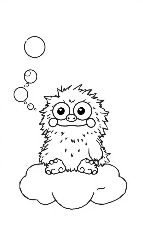 Farbtafel eines süßen, pelzigen Monsters mit großen Glubschaugen, das auf einer Wolke sitzt und Seifenblasen schwebend darüber hat.