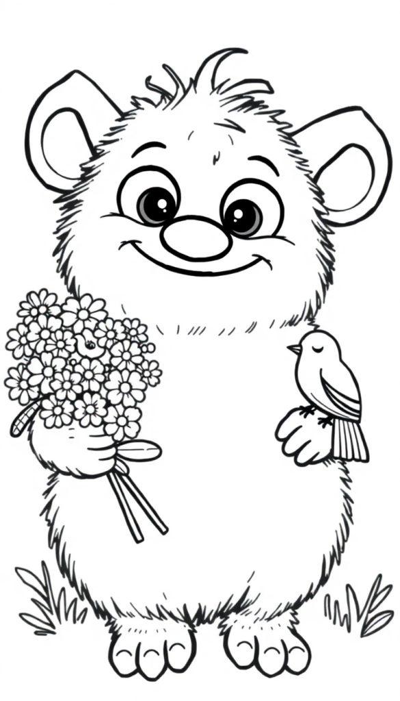 Farbtafel eines süßen, flauschigen Monsters mit großen Glubschaugen, das fröhlich Blumen hält und auf einem Vogel sitzt, umgeben von kleinen Pflanzen.