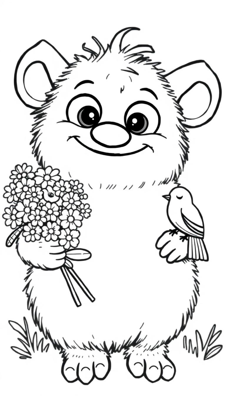 Farbtafel eines süßen, flauschigen Monsters mit großen Glubschaugen, das fröhlich Blumen hält und auf einem Vogel sitzt, umgeben von kleinen Pflanzen.