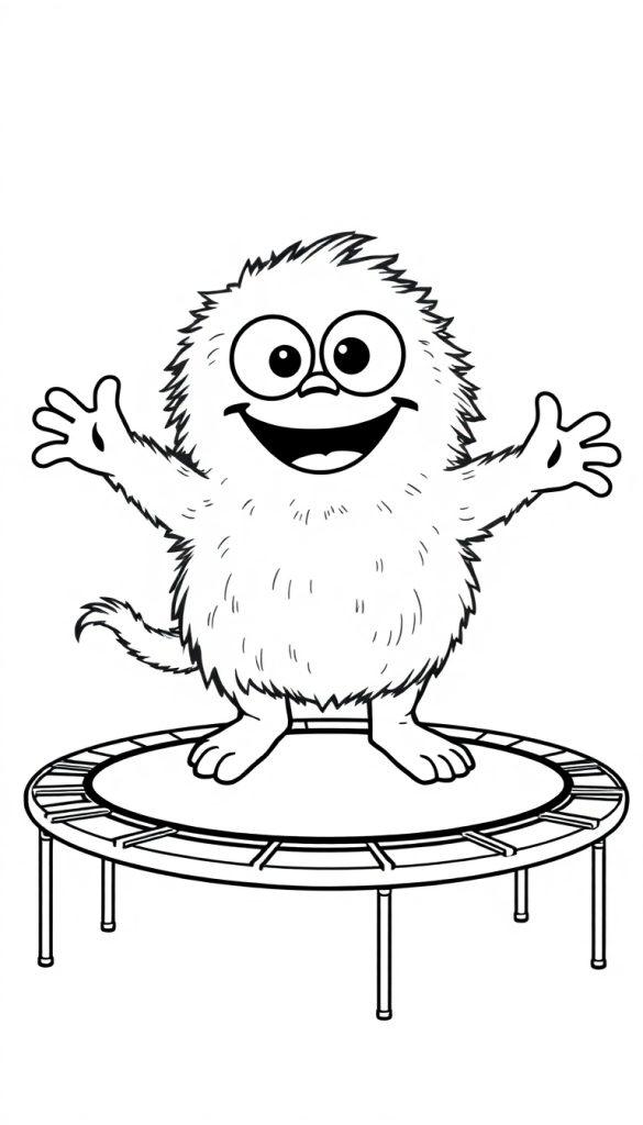 Farbtafel eines niedlichen flauschigen Monsters mit Glubschaugen, das auf einem Trampolin springt, in Schwarz-Weiß im Cartoon-Stil.
