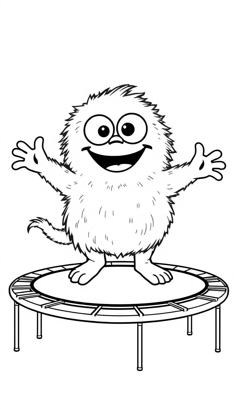 Farbtafel eines niedlichen flauschigen Monsters mit Glubschaugen, das auf einem Trampolin springt, in Schwarz-Weiß im Cartoon-Stil.