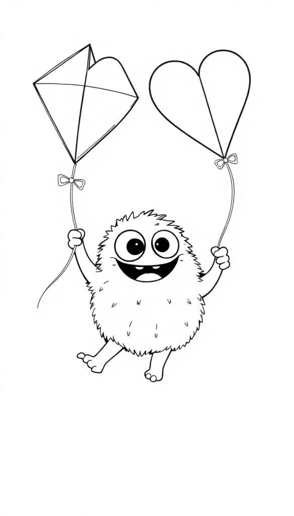 Farbtafel eines niedlichen, cartoonartigen Fluffy Monsters mit großen Glubschaugen, gehaltenen Schnüren, einem Drachen und einem herzförmigen Ballon, alles in Schwarz-Weiß.