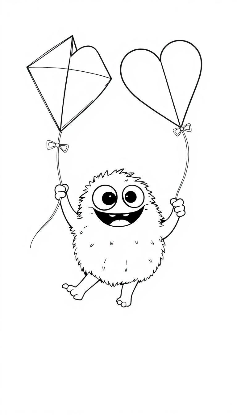 Farbtafel eines niedlichen, cartoonartigen Fluffy Monsters mit großen Glubschaugen, gehaltenen Schnüren, einem Drachen und einem herzförmigen Ballon, alles in Schwarz-Weiß.