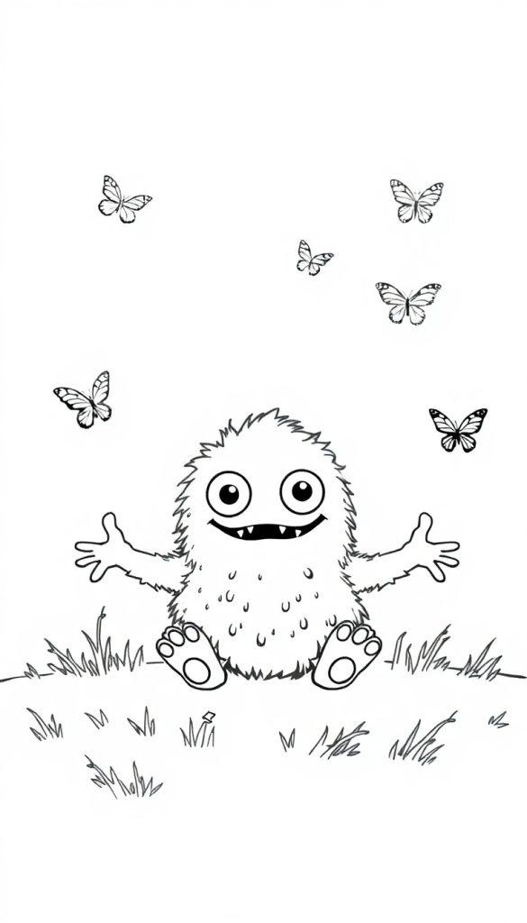 Farbtafel mit einem süßen, flauschigen Monster mit großen Glubschaugen, das auf einer grasbewachsenen Fläche sitzt und von bunten Schmetterlingen umflogen wird.