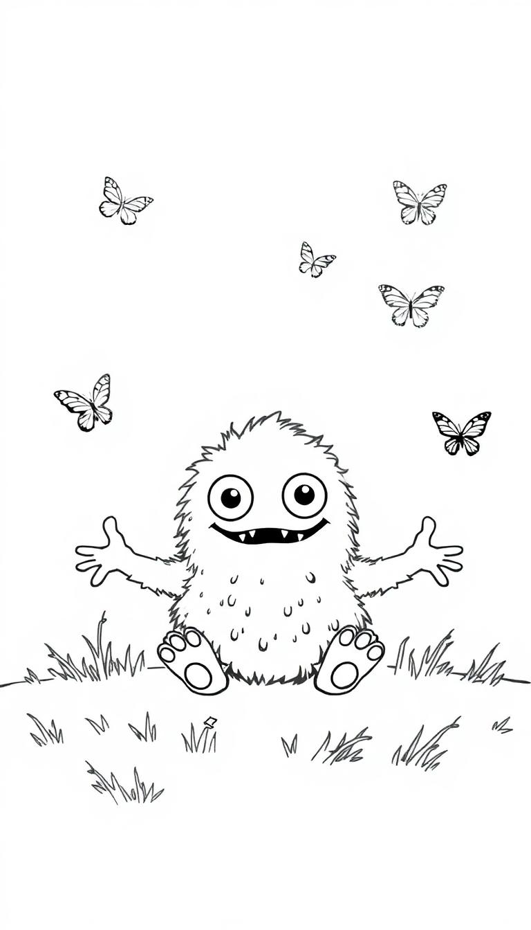 Farbtafel mit einem süßen, flauschigen Monster mit großen Glubschaugen, das auf einer grasbewachsenen Fläche sitzt und von bunten Schmetterlingen umflogen wird.