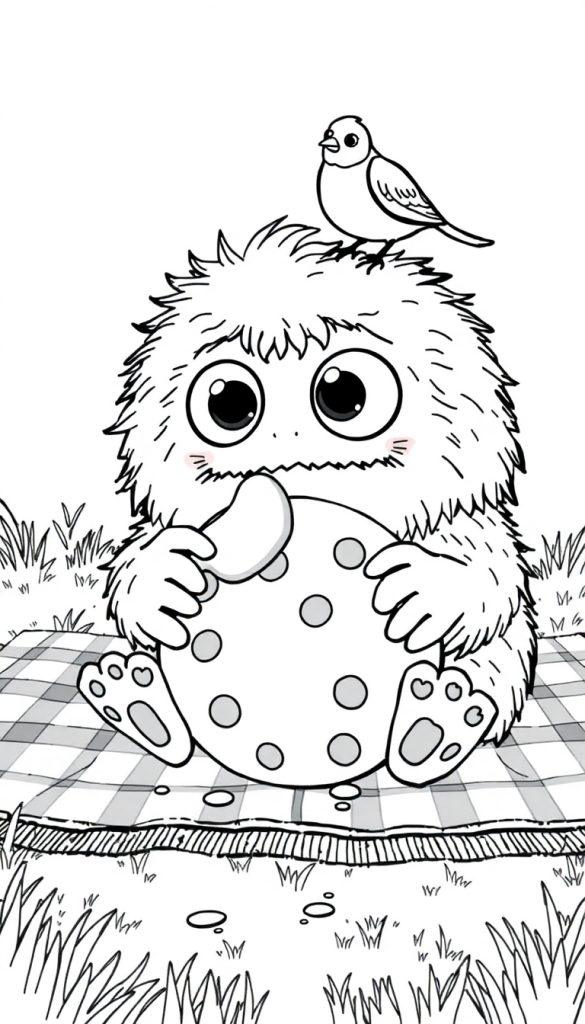 Farbtafel eines süßen, pelzigen Monsters mit großen Glubschaugen, das auf einer karierten Decke sitzt und einen gepunkteten Keks isst, während ein kleiner Vogel auf seinem Kopf sitzt.