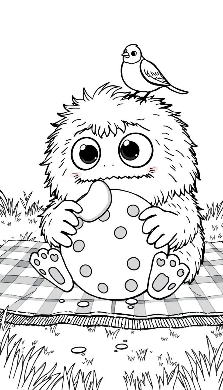 Farbtafel eines süßen, pelzigen Monsters mit großen Glubschaugen, das auf einer karierten Decke sitzt und einen gepunkteten Keks isst, während ein kleiner Vogel auf seinem Kopf sitzt.