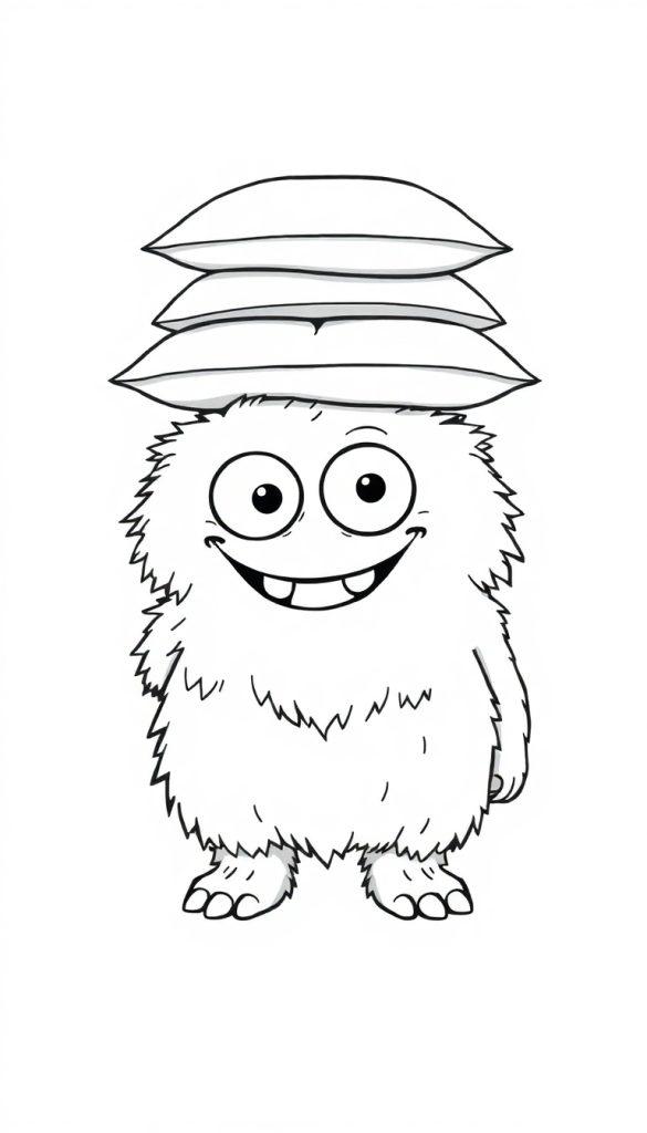 Farbtafel eines lustigen, flauschigen Monsters mit großen Glubschaugen, das drei Kissen auf dem Kopf balanciert.