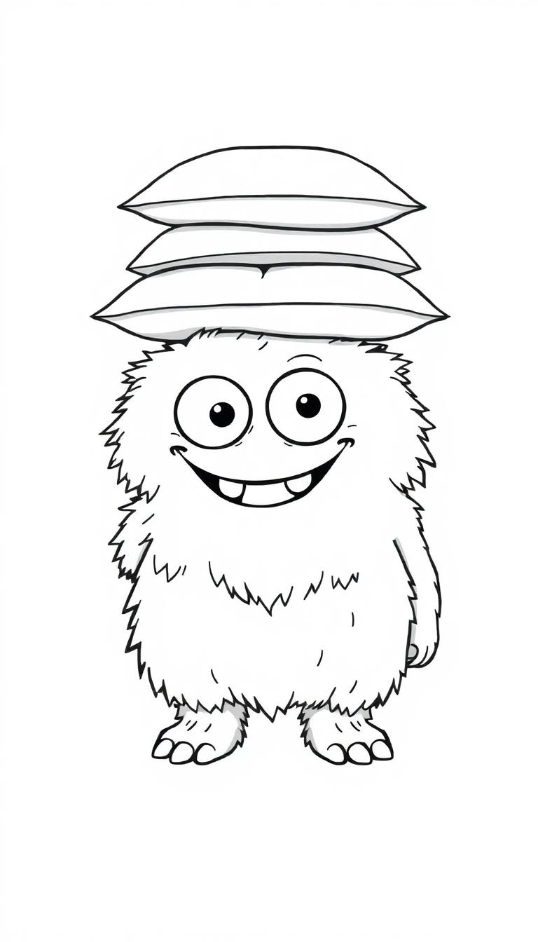 Farbtafel eines lustigen, flauschigen Monsters mit großen Glubschaugen, das drei Kissen auf dem Kopf balanciert.