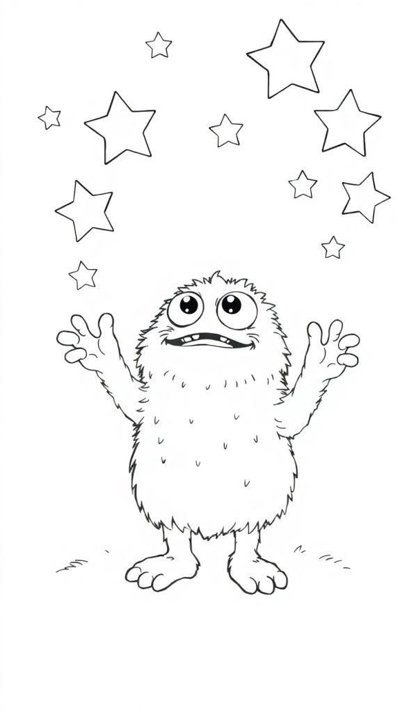 Farbtafel eines niedlichen, flauschigen Monsters mit großen Glubschaugen, das umgeben ist von schimmernden Sternen und eine Farbtafel im Hintergrund zeigt die lebhaften Farben.