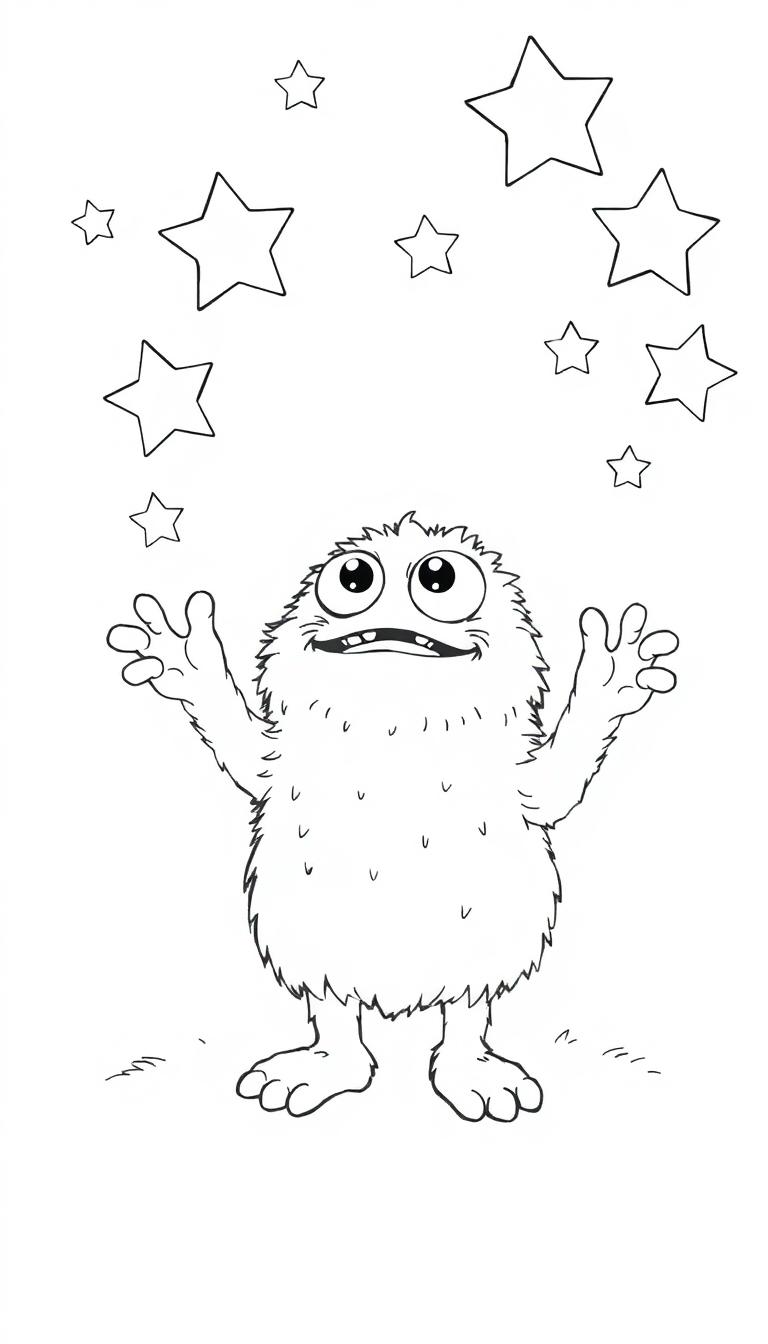 Farbtafel eines niedlichen, flauschigen Monsters mit großen Glubschaugen, das umgeben ist von schimmernden Sternen und eine Farbtafel im Hintergrund zeigt die lebhaften Farben.