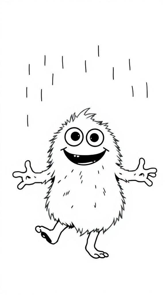 Farbtafel eines süßen, flauschigen Monsters mit großen Glubschaugen, das fröhlich tanzt, während Regen in einer minimalistischen Schwarz-Weiß-Farbtafel fällt.